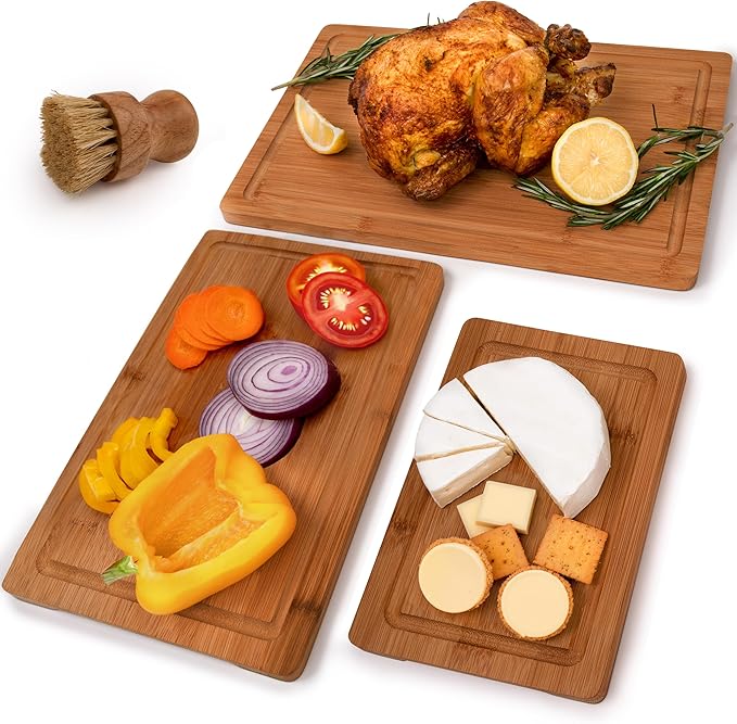 MelBell Bamboo Cutting Board Set Of 3 for Kitchen - Wooden Chopping Boards with Juice Groove - Wood Serving Board for Meat, Vegetables, Cheese
