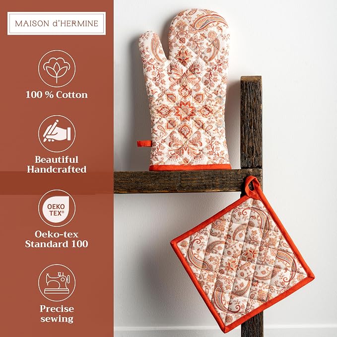 Maison d' Hermine 100% Cotton Oven Mitt & Pot Holder Set (7.5"x13" & 8"x8") | Heat Resistant BBQ Cooking Gloves with Loop Baking Grilling Kitchen Hotel Home Farmhouse Thanksgiving Christmas - Cachemire