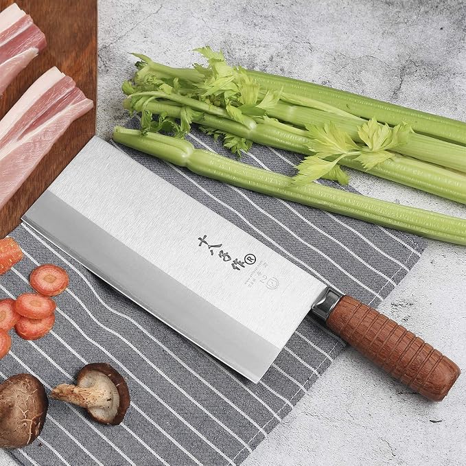 SHI BA ZI ZUO 8-inch Professional Cleaver - Stainless Steel Meat & Vegetable Knife with Non-stick Finish and Anti-slip Wooden Handle