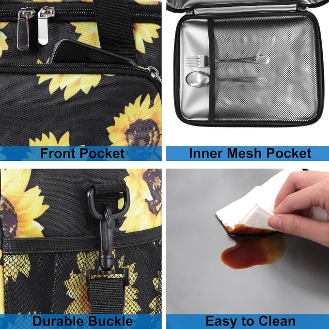 Lunch Bags for Women/Men, Insulated Lunch Bag for Work Office - Lunch Cooler Bag Leakproof Lunch Box with Adjustable Shoulder Strap - Sunflower