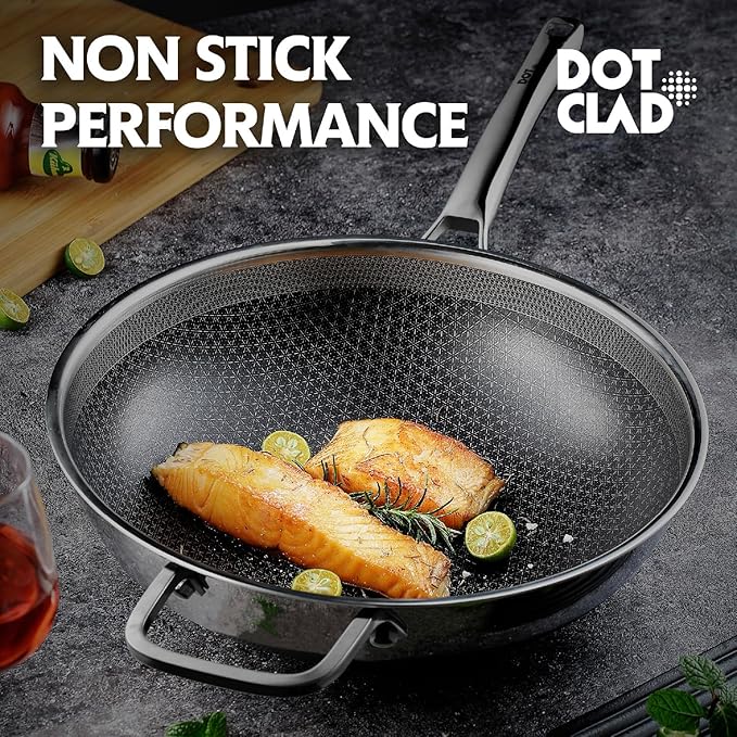 DOTCLAD Wok pan,Hybrid 13 inch Wok with Lid, PFOA Free Cookware,non stick Stainless Steel Woks & Stir-fry pans Nonstick, Dishwasher and Oven Safe, Works on Induction