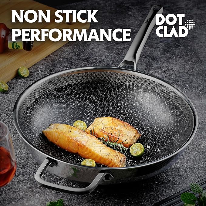 DOTCLAD Wok pan,Hybrid 12 inch Wok with Lid, PFOA Free Cookware,non stick Stainless Steel Woks & Stir-fry pans Nonstick, Dishwasher and Oven Safe, Works on Induction