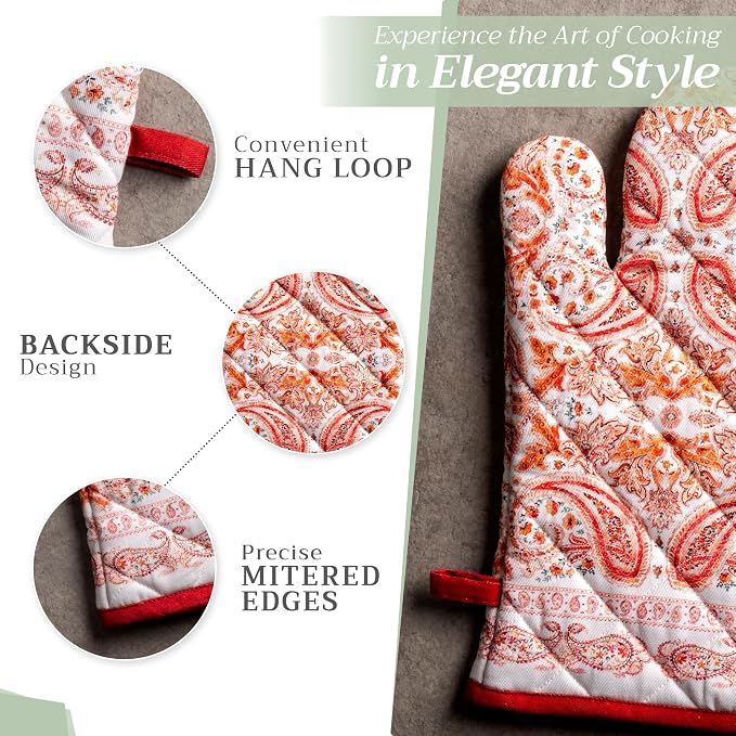 Maison d' Hermine 100% Cotton Oven Mitt & Pot Holder Set (7.5"x13" & 8"x8") | Heat Resistant BBQ Cooking Gloves with Loop Baking Grilling Kitchen Hotel Home Farmhouse Thanksgiving Christmas - Orient