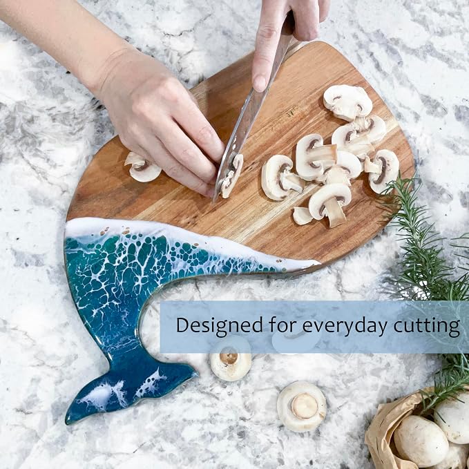 Whale Serving Board - Acacia Wood with Ocean-Inspired Epoxy (15" x 7.9"), Cute Charcuterie Cheese Tray, Unique Kitchen Décor, Cutting Board Gift for Women, Home or Party Use