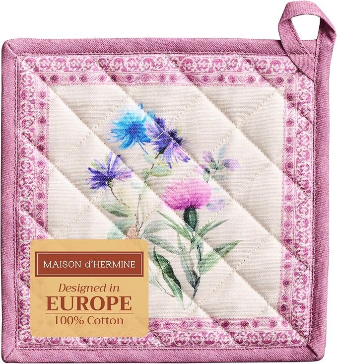 Maison d' Hermine Pot Holders 100% Cotton Potholders (8" x 8", Pack of 1) | Heat Resistant Hot Pads with Loop BBQ Cooking Baking Farmhouse Kitchen Handling Hot Pans Spring Summer - Chardon