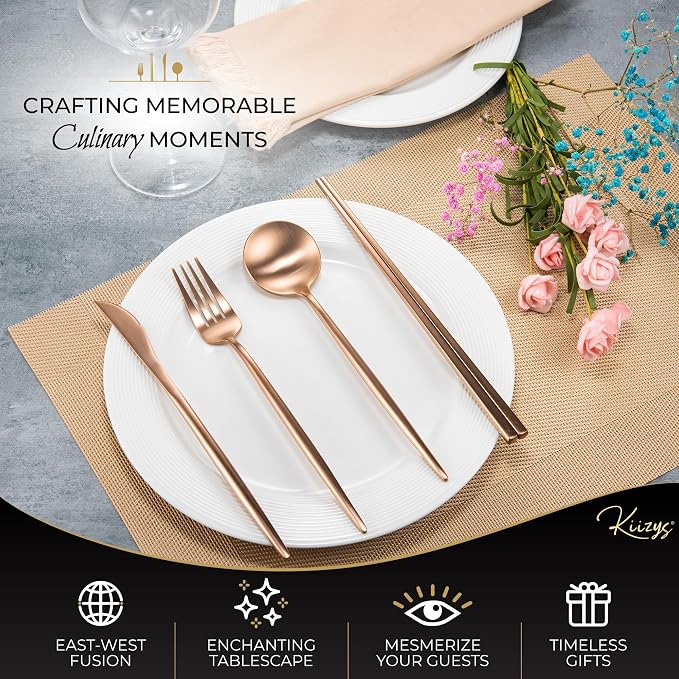 Matte Copper Flatwqare Set Korean Chopsticks - 16-piece KiiZYs Kitchen Utensil Set Stainless Steel Silverware - Modern Dinnerware Spoon Fork Knife Cutlery Housewarming Gift Box (Matte Copper, 4 Sets)