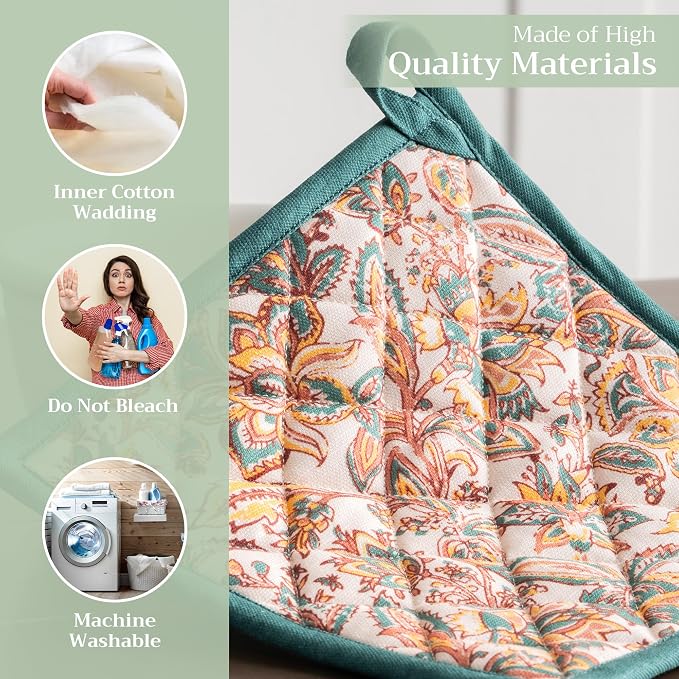 Maison d' Hermine Pot Holders 100% Cotton Potholders (8" x 8", Pack of 1) | Heat Resistant Hot Pads with Loop BBQ Cooking Baking Hotel Kitchen Handling Hot Pans Thanksgiving Christmas - Nila