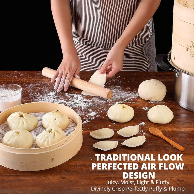 KITCHENCRUST Bamboo Steamer Basket for Chinese Asian Cuisine - 2 Tier 10-Inch Steaming Basket Bun Vegetable Bao Buns, Sauce Dish, Chopsticks, Reusable Liners