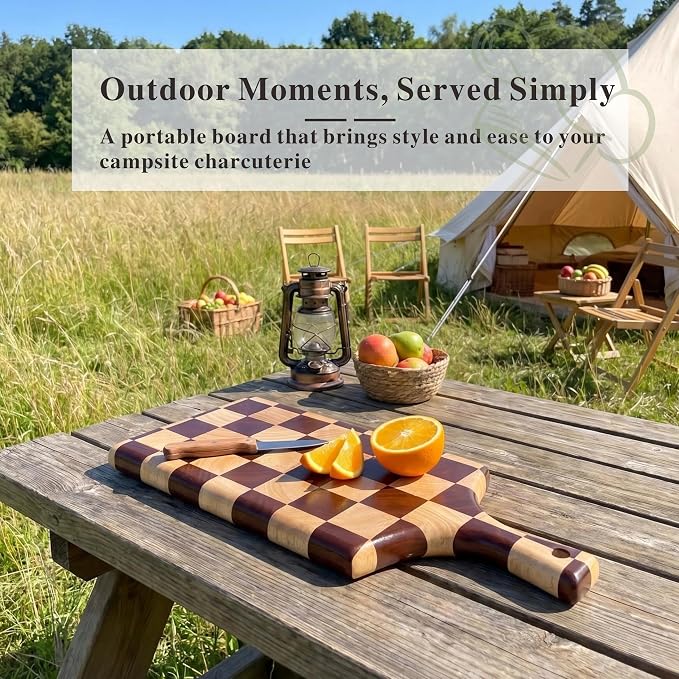 Checkered Wooden Cutting Board with Handle | 15" x 7" x 1" Thick | Acacia & Rubber Wood | Cheese & Charcuterie Serving Board | Meat, Bread, Fruit & Vegetable Prep