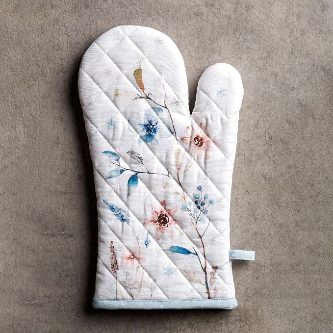 Maison d'Hermine Oven Gloves 100% Cotton Oven Mitt (7" x 13", Pack of 1) | With Loop Heat Resistant BBQ Cooking Gloves Baking Kitchen Handling Hot Pans Thanksgiving Christmas - Ice Florals