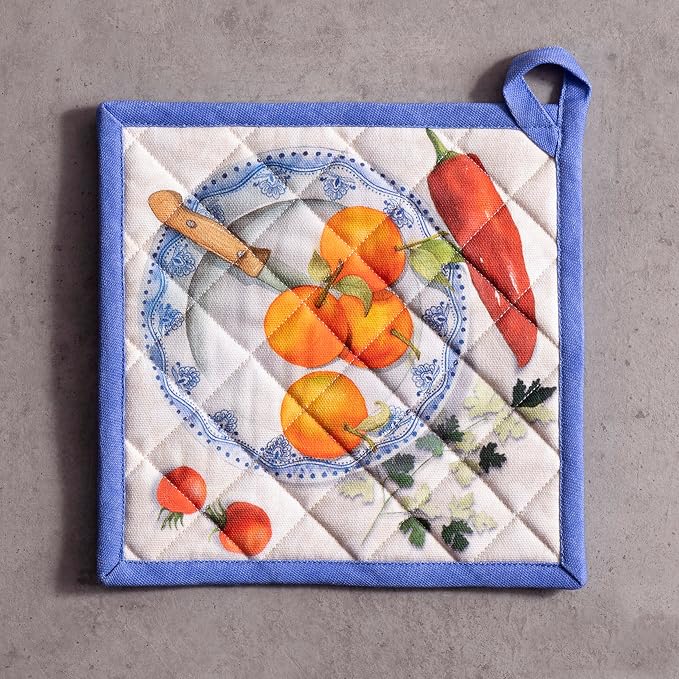 Maison d' Hermine Pot Holders 100% Cotton Potholders (8" x 8", Pack of 2) | Heat Resistant Hot Pads with Loop BBQ Cooking Baking Farmhouse Kitchen Handling Hot Pans Spring Summer - Gourmand