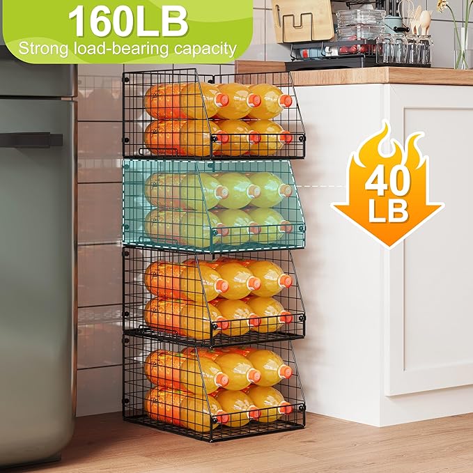 Jakyitvi 4 Pack XXL Stackable Wire Storage Basket, Extra Large Capacity Pantry Organizer and Storage, Muti-Purpose for Fruit Vegetable Basket & Toy Bin & Snack Organizer