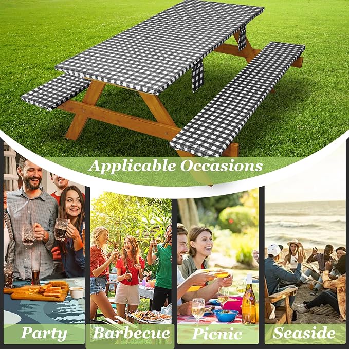 Fitted Picnic Table Cover with Bench Covers Waterproof Elastic Edges Rectangle Patio Tablecloth Outdoor Camping Essentials Stuff Rv Accessories Summer Trip Travel Supplies Party Camper Gifts, 6 ft