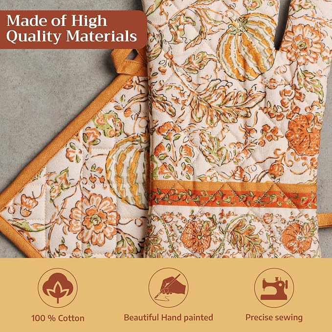Maison d' Hermine 100% Cotton Oven Mitt & Pot Holder Set (7.5"x13" & 8"x8") | Heat Resistant BBQ Cooking Gloves with Loop Baking Grilling Kitchen Home Farmhouse Thanksgiving Christmas - Pumpkin Spice