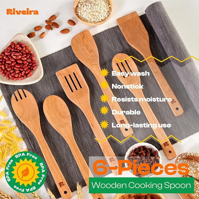 Riveira Cherry Wooden Spoons for Cooking Set of 6 – Natural Cherry Wooden Cooking Utensils, Wooden Spatula, Wooden Spoon - Premium Quality Utensil Set for Non-Toxic Cooking