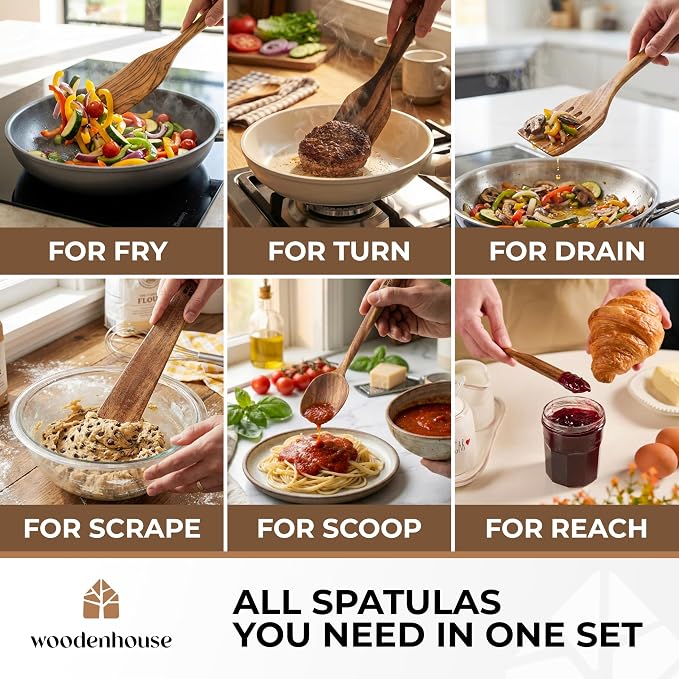 Wooden Spatula for Cooking, Teak Set of 6 for Non-Stick & Cast Iron | Includes Turner, Scraper, Slotted, Frying Tools, Jar Scraper & Spoonula – Scratch-Free, Easy to Clean