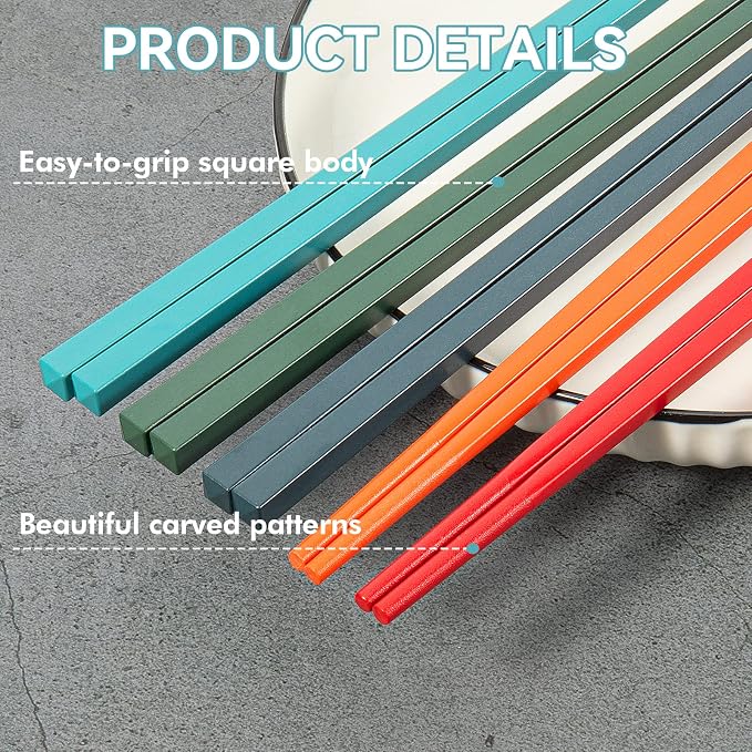 5-Pair -Dishwasher-Safe Fiberglass Chopsticks Set, 9.5 Inch Reusable Japanese-Style Chinese Chopsticks, Non-Slip and Easy to Handle
