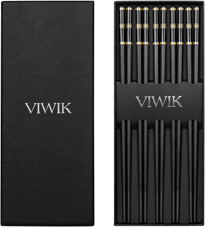 VIWIK 5 Pairs Premium Reusable Chopsticks Gift Set, BPA-Free Anti-Slip Fiberglass Gold Edged Stainless Steel Pipe Fittings Chop Sticks, Japanese Korean Chopstick Food-Grade Dishwasher Safe 9.6 Inch