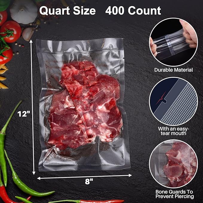 AENTGIU 400 Vacuum Sealer Storage Bags, 8x12 Inch Seal a Meal Bags, BPA Free Quart Bags, Compatible with All Heat Vacuum Sealers Machine, Heavy Duty, Great for vac storage, Meal Prep or Sous Vide