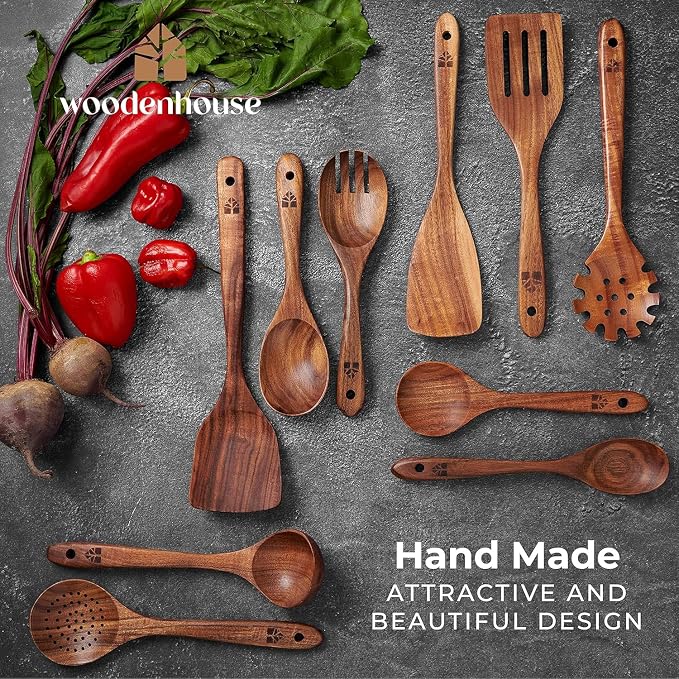 Wooden Spoons for Cooking, 10 Pcs Teak Wood Utensil Set for Nonstick | Durable, Heat Resistant & Food-Safe with Ergonomic Handles – Woodenhouse Kitchen Cookware