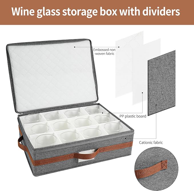Mug Storage Box with Divider, Tea Cup and Coffee Mug Storage Container with Zipper Cover and Reinforced Handle, Hard Shell, Stackable, Foldable (Grey Red, 2 Sets)