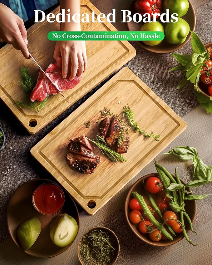 Kitsure Bamboo Cutting Board for Kitchen, Set of 2, Natural | Multi-Sizes Wooden Cutting Boards for Chopping & Serving, Convenient Kitchen Essentials, Deep Juice Grooves
