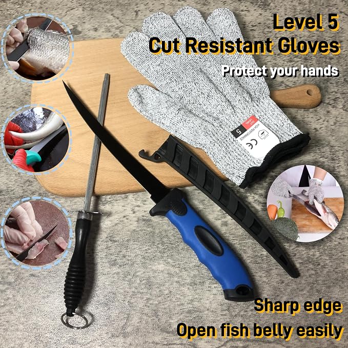 Fishing Knife Set, Fish Cleaning Kit, Filet Knife for Fish, Fish Scale Cleaning Brush, Multi-Functional Scissors, Gloves, Fishbone Tweezers, Storage Bag,Fishing Accessories,Fishing Tool Kit