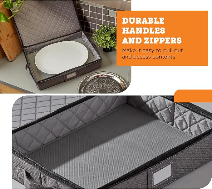 storageLAB Hard Shell Platter Storage Container | Felt Dividers | Gray | Hard shell platter case holds 4 large serving platters with felt dividers. Dual zippers, stackable, dust-free.