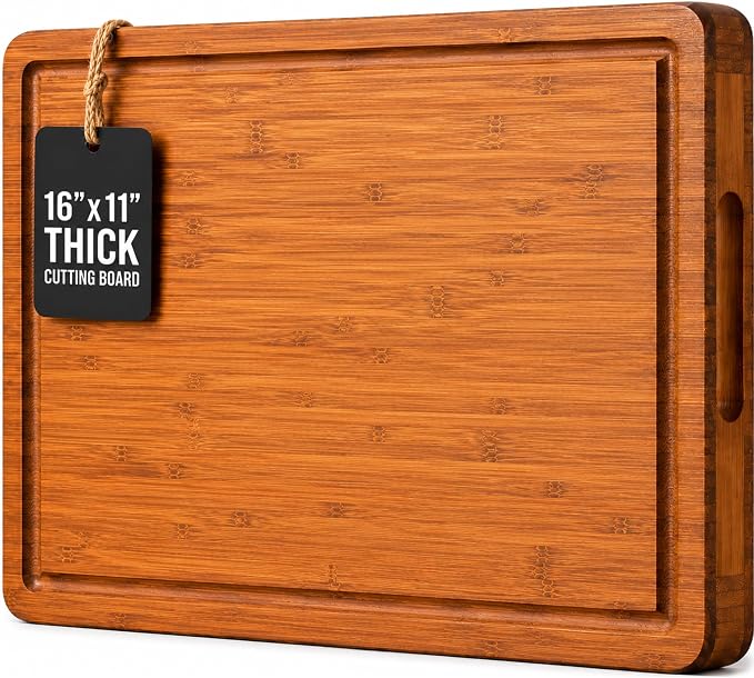 Wood Cutting Board for Kitchen - 1 Inch Thick Bamboo Wooden Chopping Board, Butcher Block Cutting Board with Juice Groove, Handles, Large Meat Cutting Board, Charcuterie Serving Board, 16 x 11