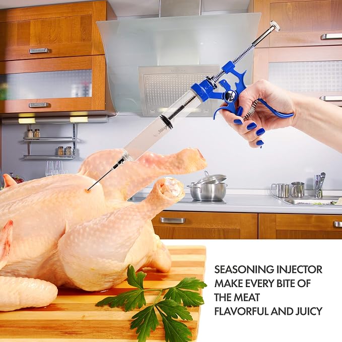 Meat Injector Marinade Gun Stainless Steel Outdoor Kit Flavor Food Syringes & 4 Marinades Needles for BBQ Grill Smoker Injectors Professional Syringe Held Culinary Barbecue Tool (Blue)