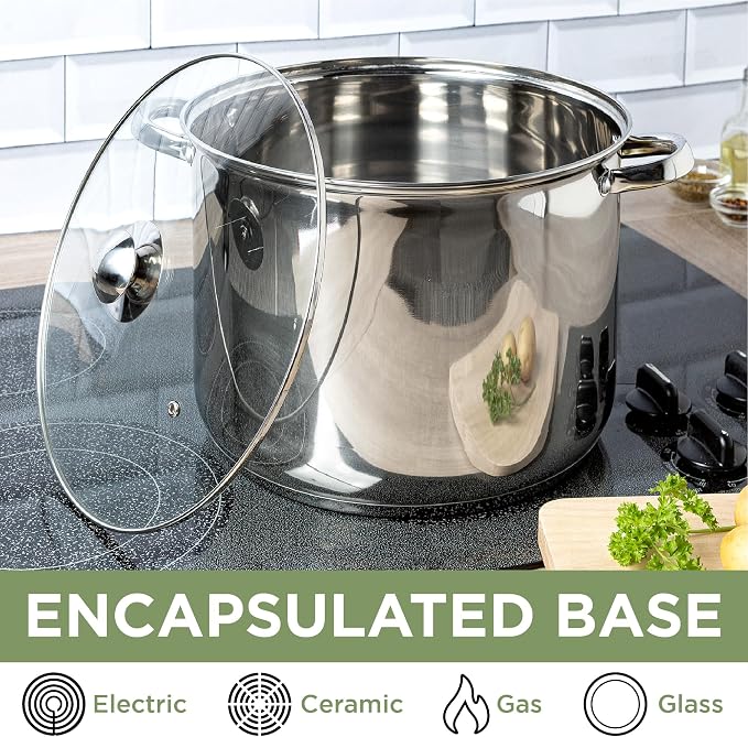 Ecolution Pure Intentions Stock Pot - Features Tempered Glass Lid, Keep Cool Handle, and Encapsulated Bottom - Oven Safe - Curbside Recyclable Stainless Steel - 16 Quarts