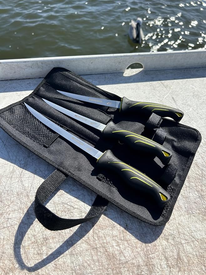 danco 4-Piece Fishing Fillet Knife Kit with Roll Bag, 6, 7 and 9-Inch Set | 4-Piece Fishing Fillet Knife Kit, 6, 7 and 9-Inch Stainless Steel Blades, Non-Slip Handles, 1000D Roll Bag, Fresh/Saltwater