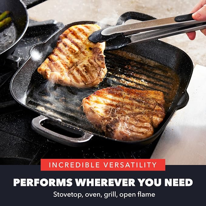 GreenPan x Bobby Flay 11" Pre-Seasoned Cast Iron Square Grill Pan | Natural Nonstick with Use, Heavy Duty, Induction & All Stovetop Compatible, High Heat & Oven Safe, Indoor/Outdoor
