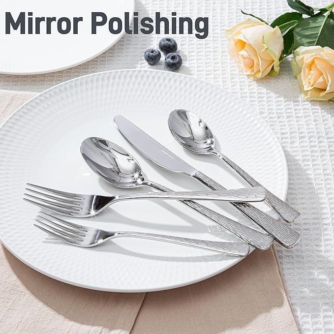 KINGSTONE Hammered Silverware Set, Flatware Set, 18/10 Stainless Steel Premium Cutlery with Unique Ripple Handles Design Mirror Polished - Dishwasher Safe (40-Piece)