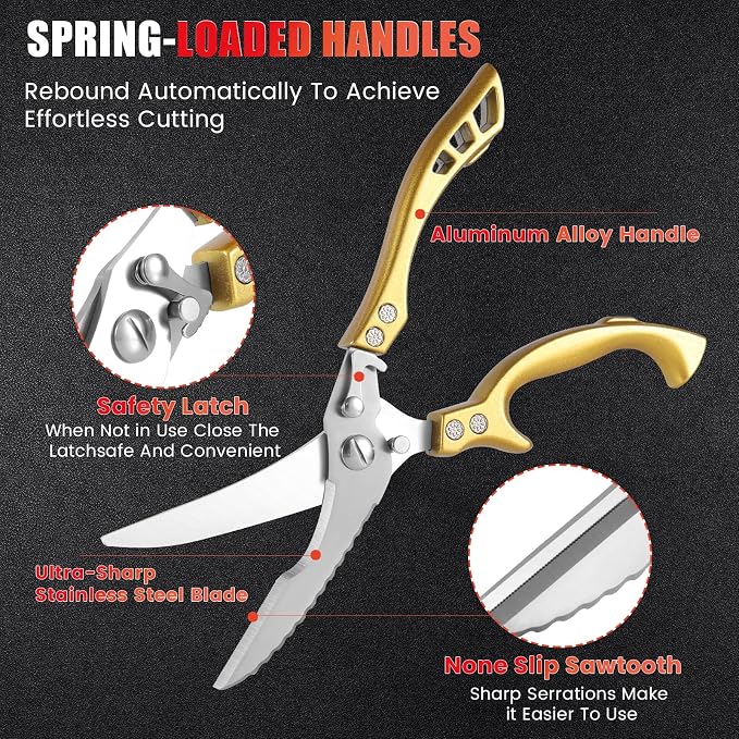 ANDONG Heavy Duty Kitchen Poultry Shears,Protective Sheath&Cleaning Cloth | Ultra-Sharp Stainless Blades,Serrated Edge, Spring Loaded, Dishwasher Safe,Cutting Food Cooking Meat Poultry Kitchen Utensils