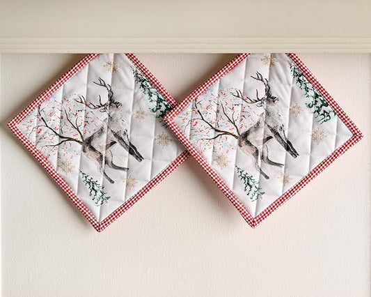 Maison d' Hermine Pot Holders 100% Cotton Potholders (8" x 8", Pack of 2) | Heat Resistant Hot Pads with Loop BBQ Cooking Baking Hotel Kitchen Handling Hot Pans Thanksgiving Christmas - Rural Christmas