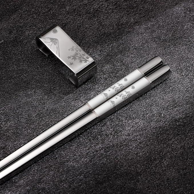 Metal Chopsticks Reusable 2 Pairs Titanium Plated 18/8 Stainless Steel Chopsticks with Holder, Dishwasher Safe Non-Slip Japanese Style Laser Engraved Chop Sticks Gift Set (Silver)