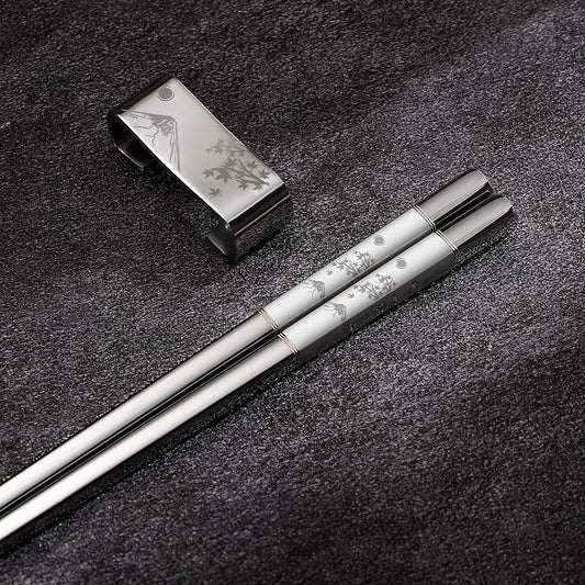 Metal Chopsticks Reusable 2 Pairs Titanium Plated 18/8 Stainless Steel Chopsticks with Holder, Dishwasher Safe Non-Slip Japanese Style Laser Engraved Chop Sticks Gift Set (Silver)