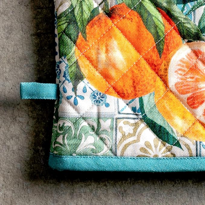 Maison d' Hermine 100% Cotton Oven Mitt & Pot Holder Set (7.5"x13" & 8"x8") | Heat Resistant BBQ Cooking Gloves with Loop Baking Grilling Kitchen Hotel Home Farmhouse Spring Summer - Agrume
