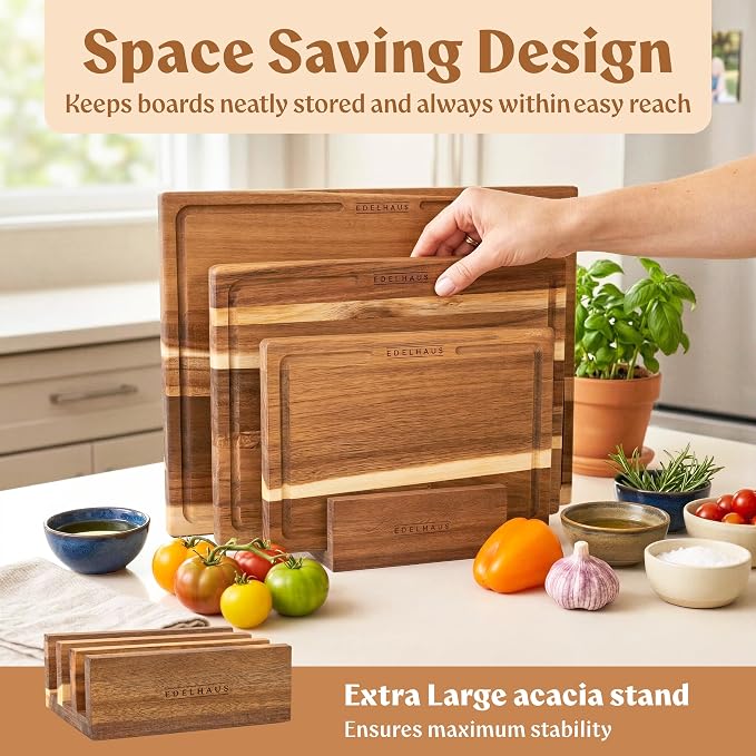 Acacia Wood Cutting Boards for Kitchen Set of 3, Juice Groove | Non Toxic Wooden Chopping Boards, Knife Friendly, Large Kitchen Boards for Meat, Cheese, Charcuterie & Serving