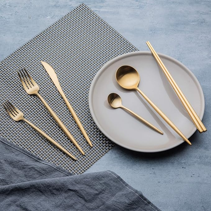 KiiZYs Matte Gold Silverware Set Cutlery Set - 14-piece 18/10 Stainless Steel Flatware Utensil Set - Korean Chopsticks Fork Spoon Knife - Reusable Dishwasher Safe - Gift Box (Gold, Service for 2)