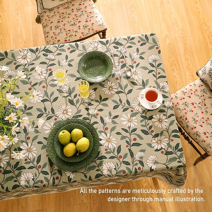 ISAENNE Designer Green Linen Long Rectangle Tablecloth,Floral French Country Indoor Table Cloth,Stain Resistant Home Decor Tablecloths for Dining Kitchen Thanksgiving Party,63"*102"-Brune