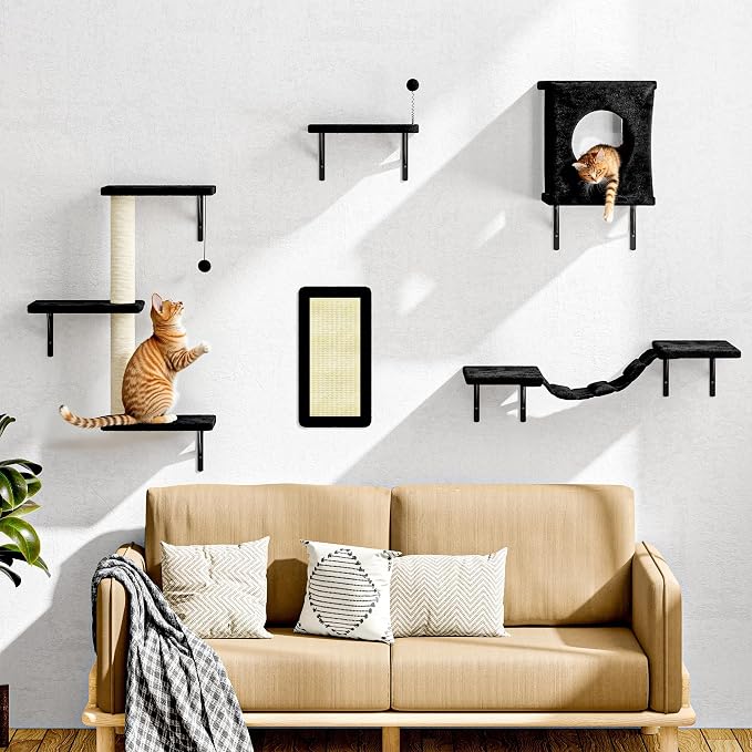 11-in-1 Cat Wall Shelves Cat Climbing Furniture with Wall Mounted Perch & Lounge for Indoor Cats, Space-Saving Cat Climbing Wall Systems, Black
