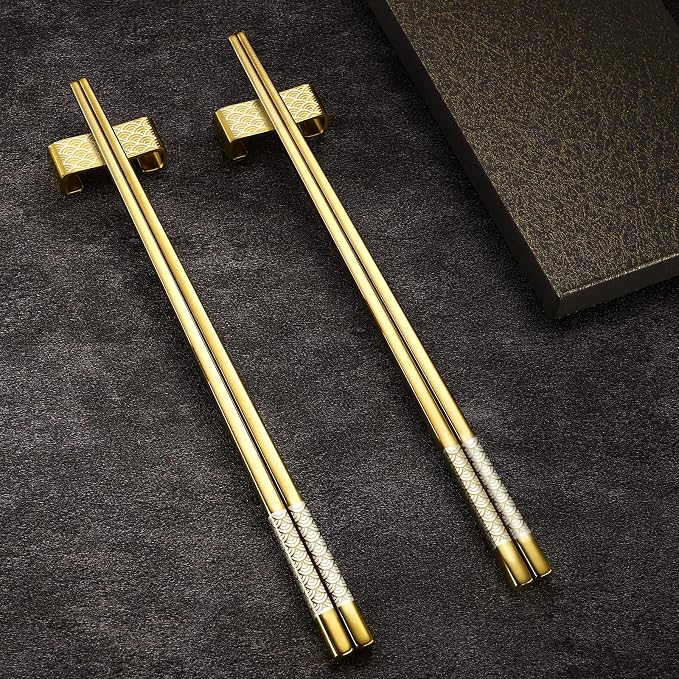 Titanium Stainless Steel 18/8 Chopsticks with Holder, 2 Pairs Dishwasher Safe, Japanese Style Gift Set (Golden)