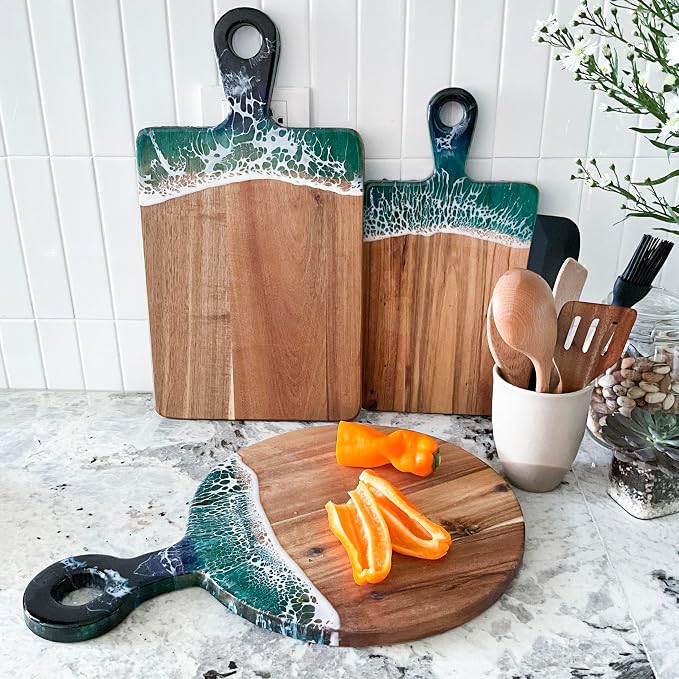 Acacia Wood Serving Board with Ocean Resin Art, 14.6" x 10.2" Charcuterie Cheese Tray for Display & Prep, Cutting Board on Back, Includes Stand & Loofah, Christmas Housewarming Gift (Round)