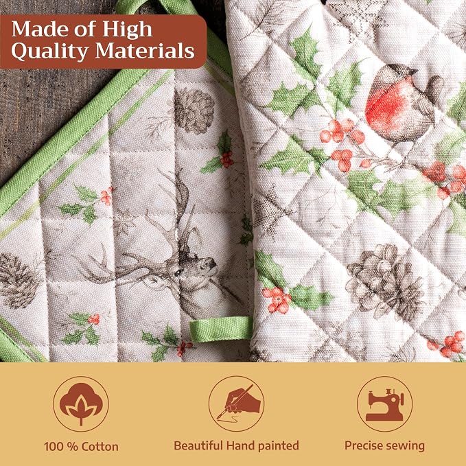 Maison d' Hermine 100% Cotton Oven Mitt & Pot Holder Set (7.5"x13" & 8"x8") | Heat Resistant BBQ Cooking Gloves with Loop Baking Grilling Kitchen Home Farmhouse Thanksgiving Christmas - Christmas Dew