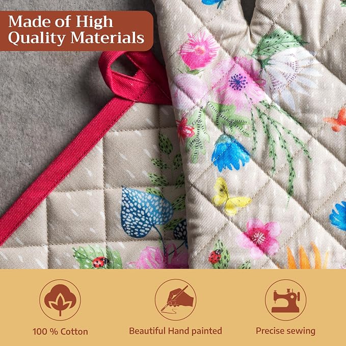 Maison d' Hermine 100% Cotton Oven Mitt & Pot Holder Set (7.5"x13" & 8"x8") | Heat Resistant BBQ Cooking Gloves with Loop Baking Grilling Kitchen Hotel Home Farmhouse Spring Summer - Jardin D'Ete - Fog