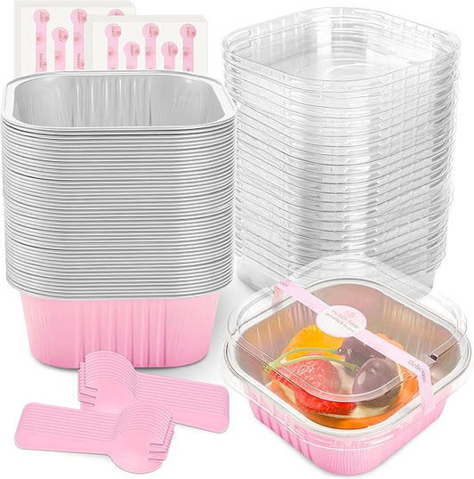50 Pcs Mini Square Baking Cups with Lids and Spoons Aluminum Foil Mini Cake Pans with Lids Disposable Ramekins Cake Pans Dessert Cups for Wedding Birthday Party(Pink,10oz)