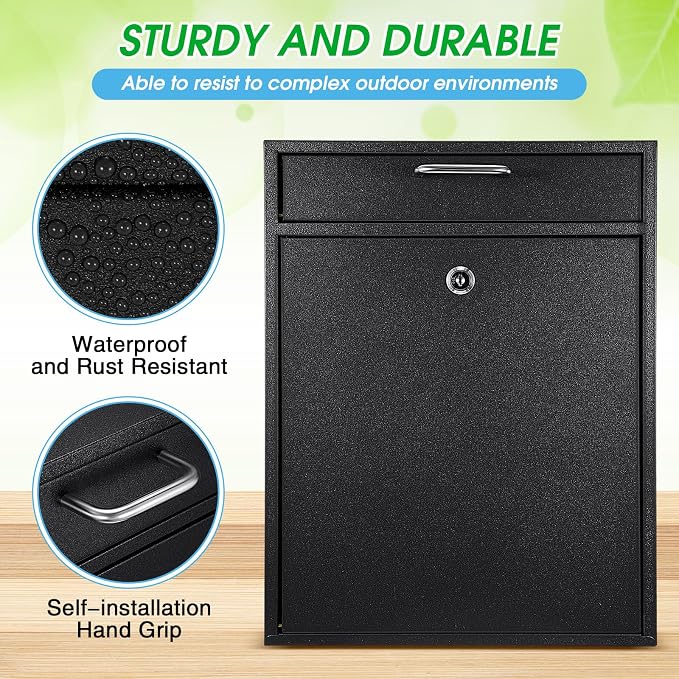 Yaocom Locking Mailbox with Key for Outdoor 18 x 15 x 7 Inches Large Wall Mount Mail Box with Lock Security Mail Drop Metal Collection Boxes Hanging Secure Postbox(Black)