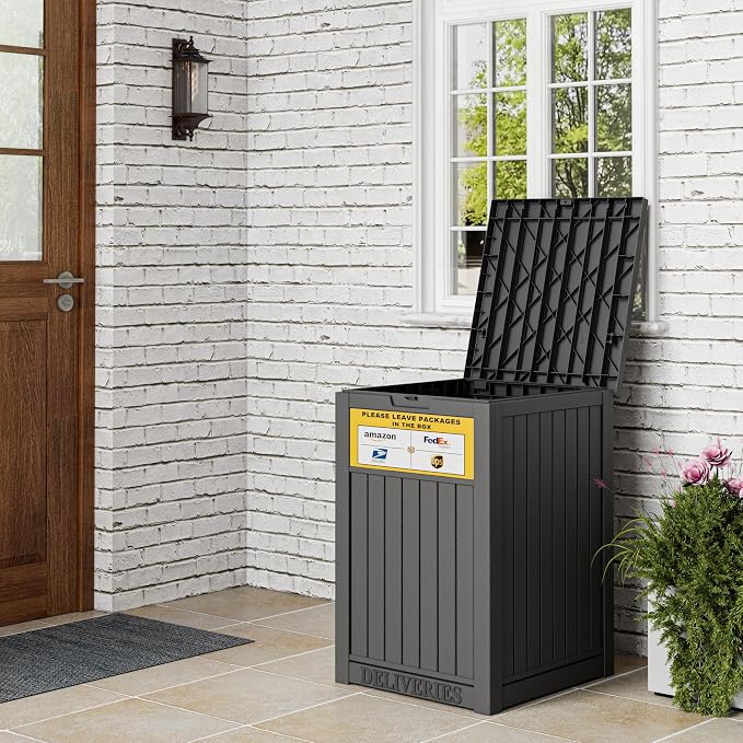 Package Delivery Box for Outside with Sign, Secure Lockable Waterproof Package Delivery Container, Resin Deck Box for Porch & Garden, Classic Black